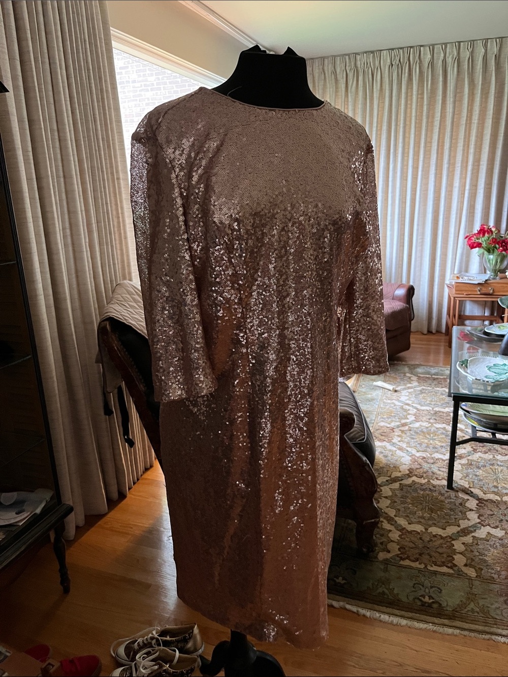 New York & Company Rose Gold Sequin Sheath Dress. - fits like a 14